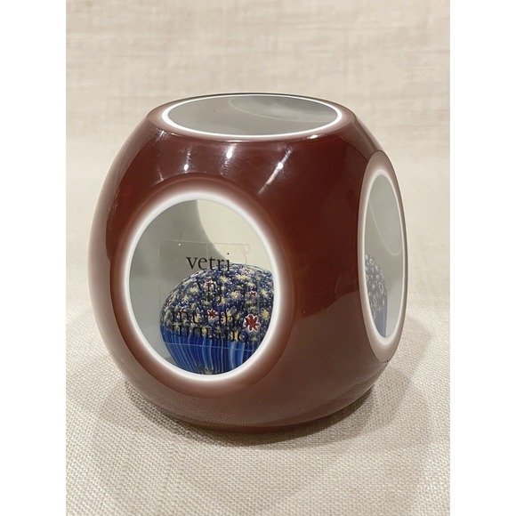 Murano Other - Large Murano Art Glass Double Overlay 6 Faceted Mellifiori Paperweight‎ Burgundy